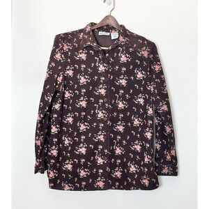 Vintage Blair Corduroy Button Up Shirt Womens Med Brown Floral‎ 90s Cottsgecore